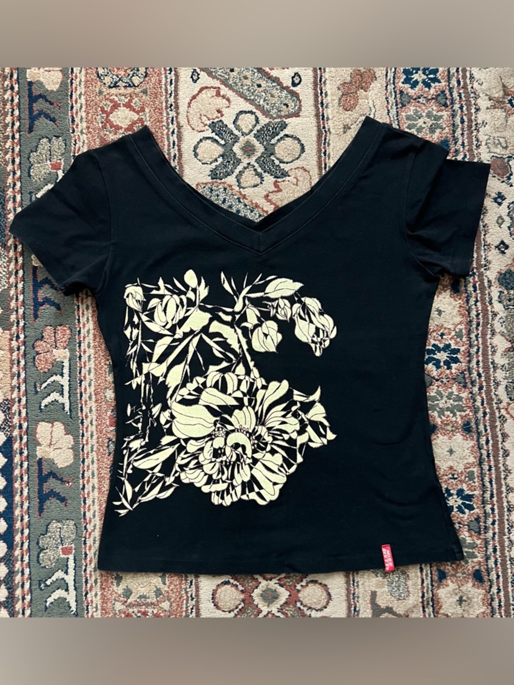 Vintage Miss Sixty Black V-Neck Abstract Floral Graphic Sparkle Baby Tee